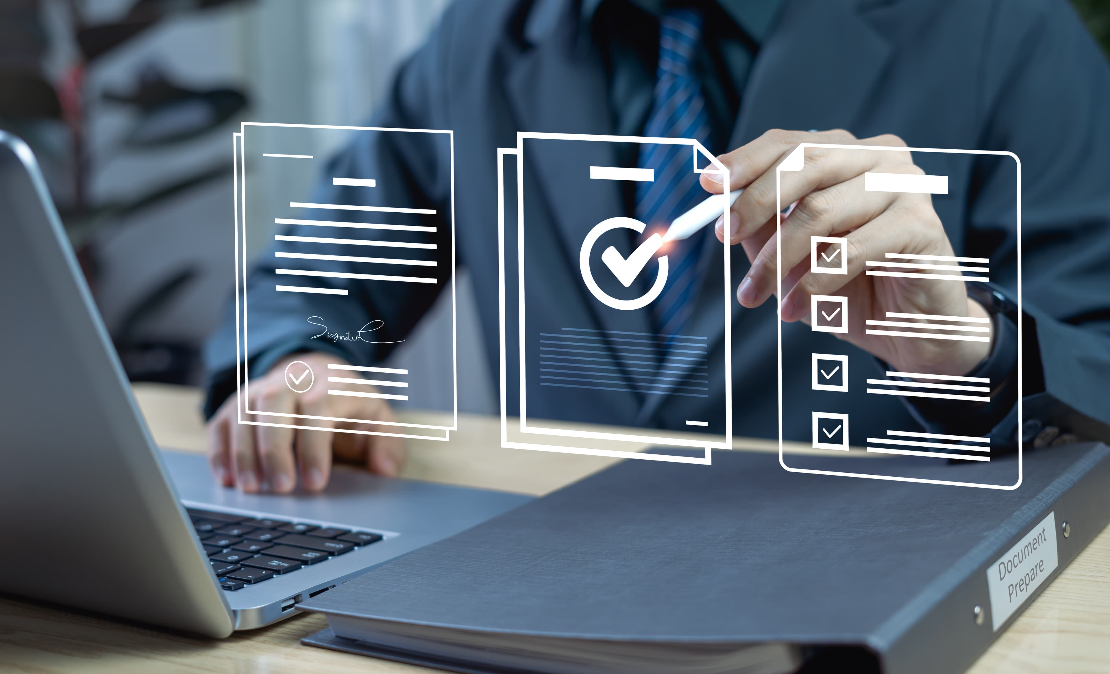 Documentation and diligence review with digital financial overlays.