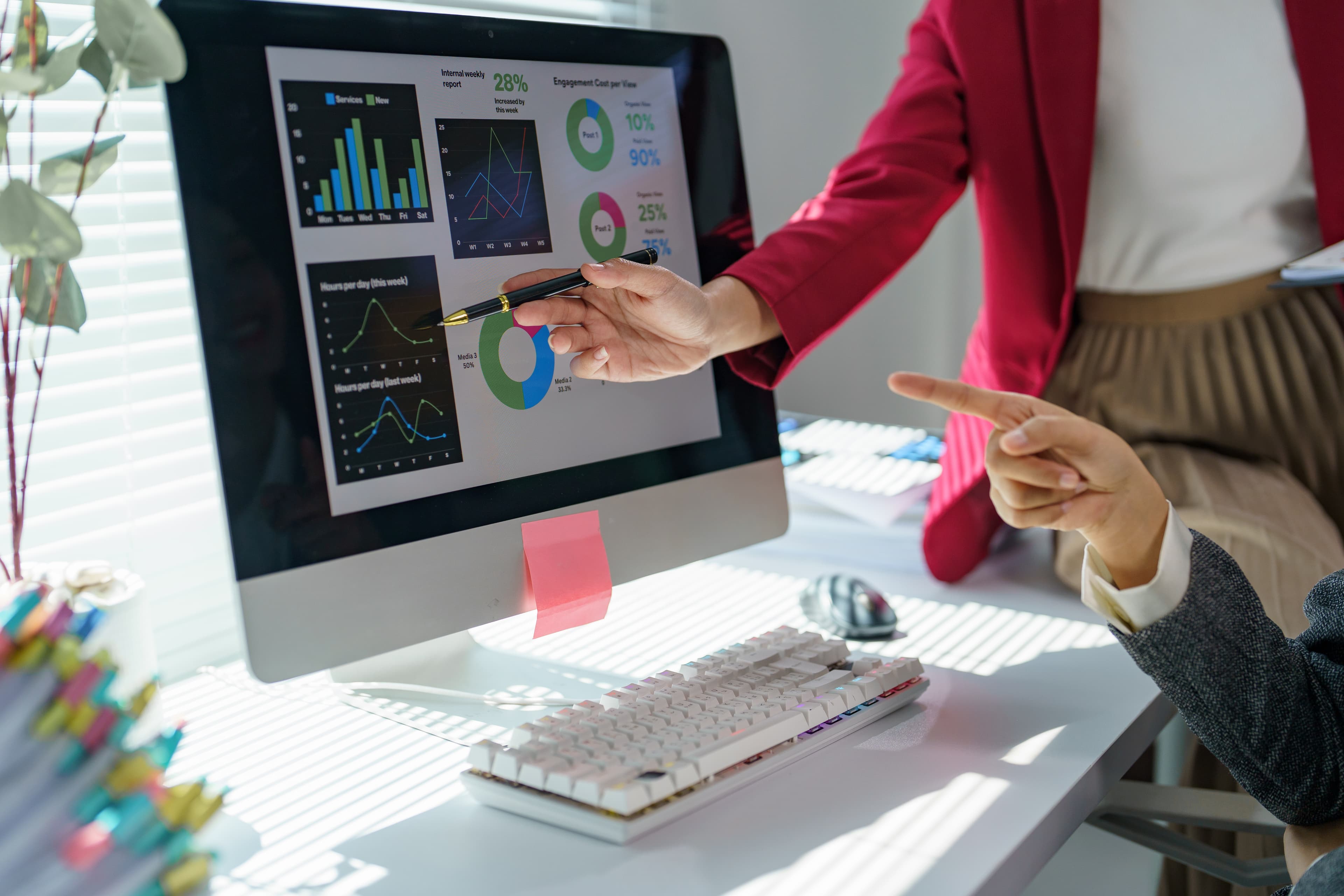 Professionals reviewing charts and operating performance on a shared screen.