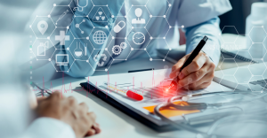 Doctors reviewing healthcare data with digital medical icons overlay, symbolizing the future of US healthcare in 2025.
